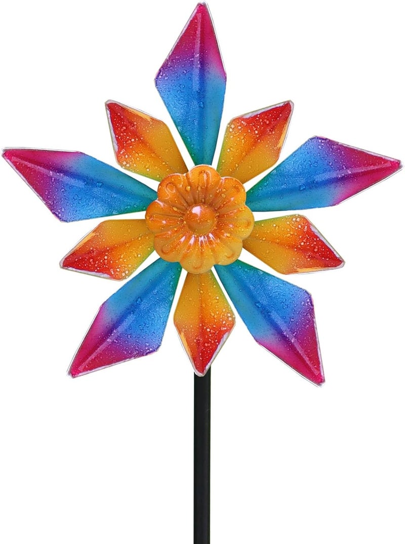 LERFUGI 10" Small Metal Wind Spinner for Garden, 48" Tall Outdoor Flower Yard Decoration – Rainbow Gradient Petals, Weather-Resistant Garden Stake Spinner for Patio & Planter - Image 1